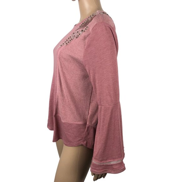 Miss Me Embellished Studded Knit Sweater Long Flare Sleeve Pink‎ Size M Boho Y2K - Picture 4 of 8